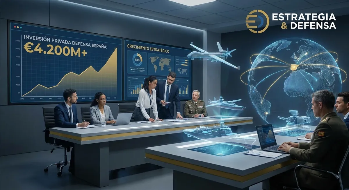Sala de estrategia con gráfico de inversión privada en defensa en España
