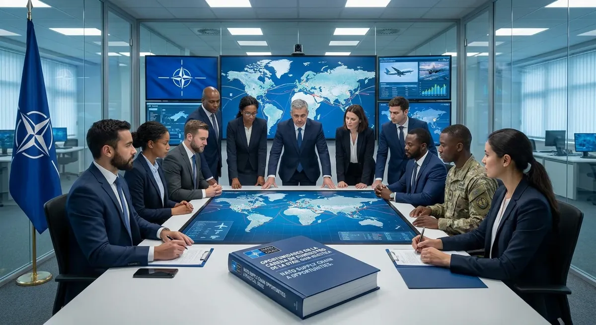 Equipo reunido ante un mapa mundial de la cadena de suministro de la OTAN