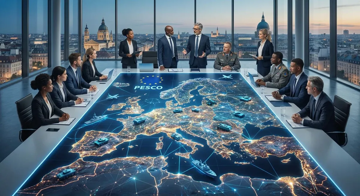 Reunión en torno a una mesa con el mapa de Europa y el logotipo de PESCO